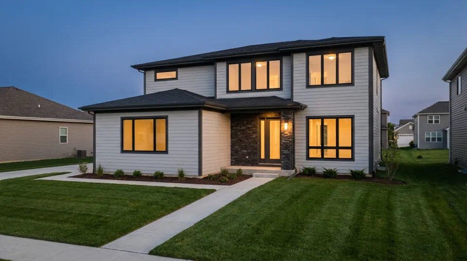 Contemporary two-story home with a lit entryway at dusk in Aurora, Illinois