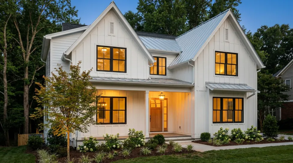 Modern farmhouse with a lit front porch at dusk in Charlotte, North Carolina