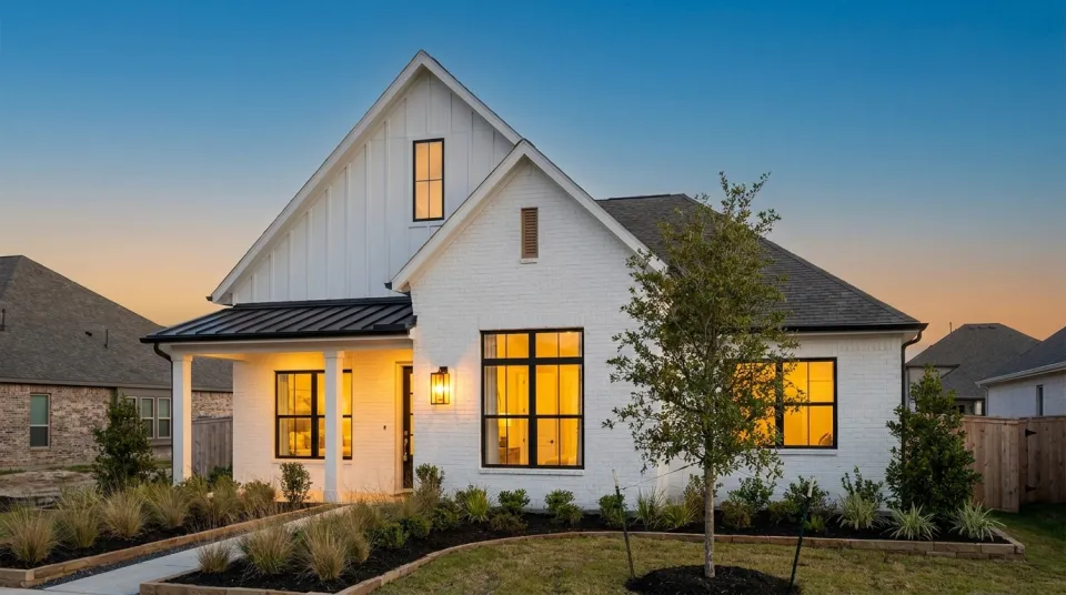 White brick modern home with a lit porch at dusk in Katy, Texas